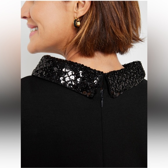 Talbots Black Sheath Dress Mock Neck Sequin Collar Cocktail Event Evening 4P - Picture 10 of 12
